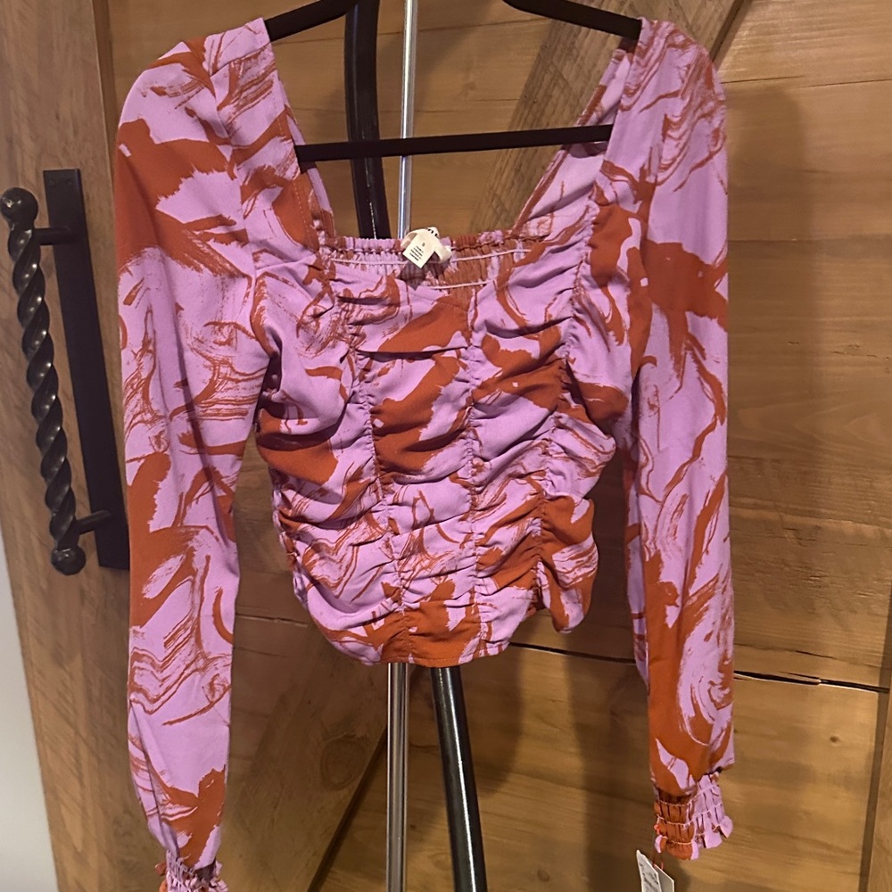 Stylish Ruched Long Sleeve Blouse - Pink and Orange